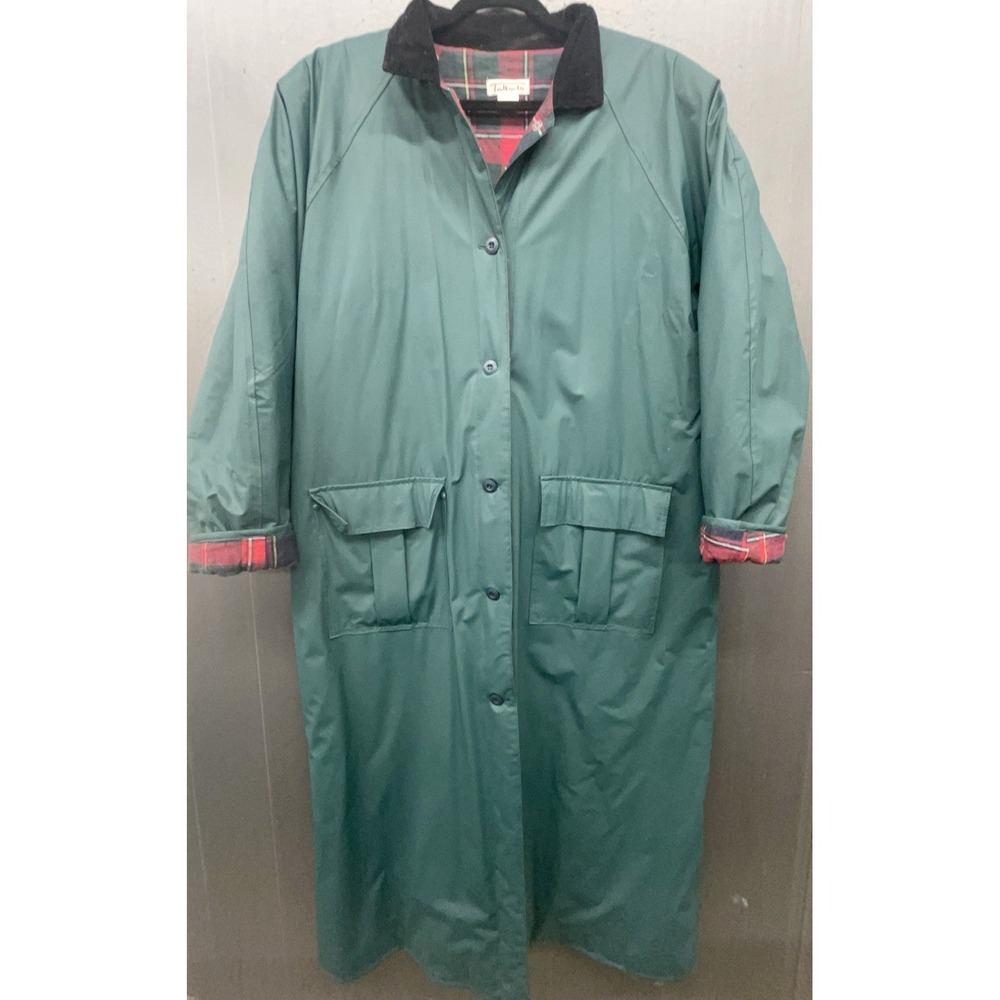 Vtg Talbots Rain Trench Coat L Green PVC Cotton Lined Slicker Cord Collar Preppy